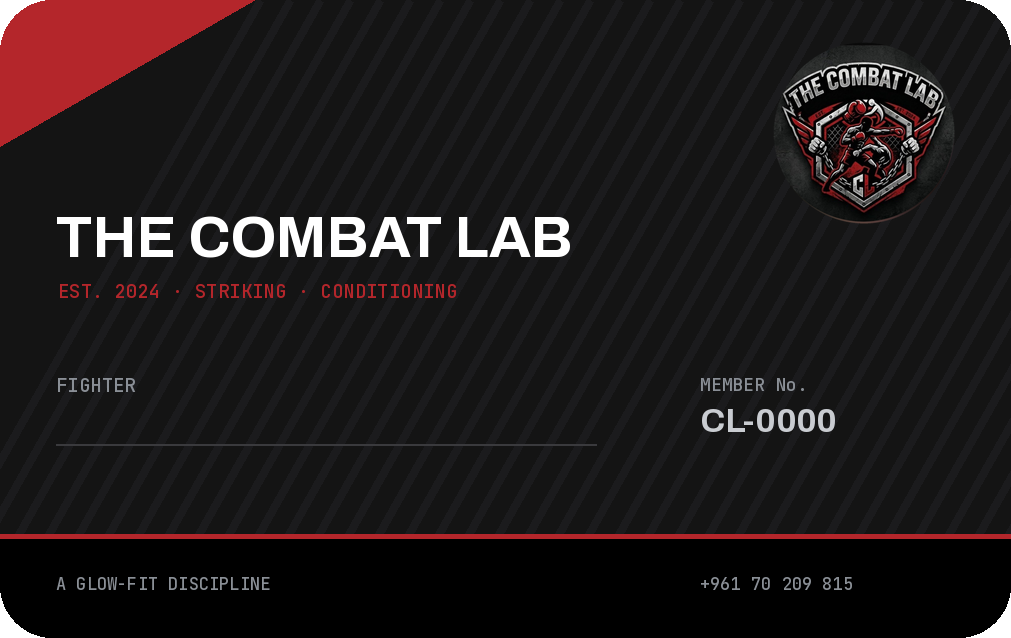 The Combat Lab fighter card, front